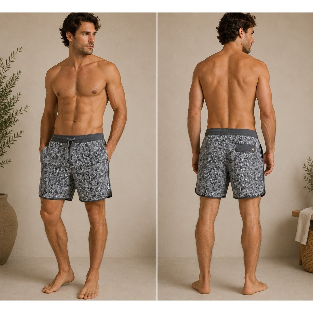 Roark Revival Board Shorts Mens 36 Charcoal Grey Paisley Print Stretch Swim